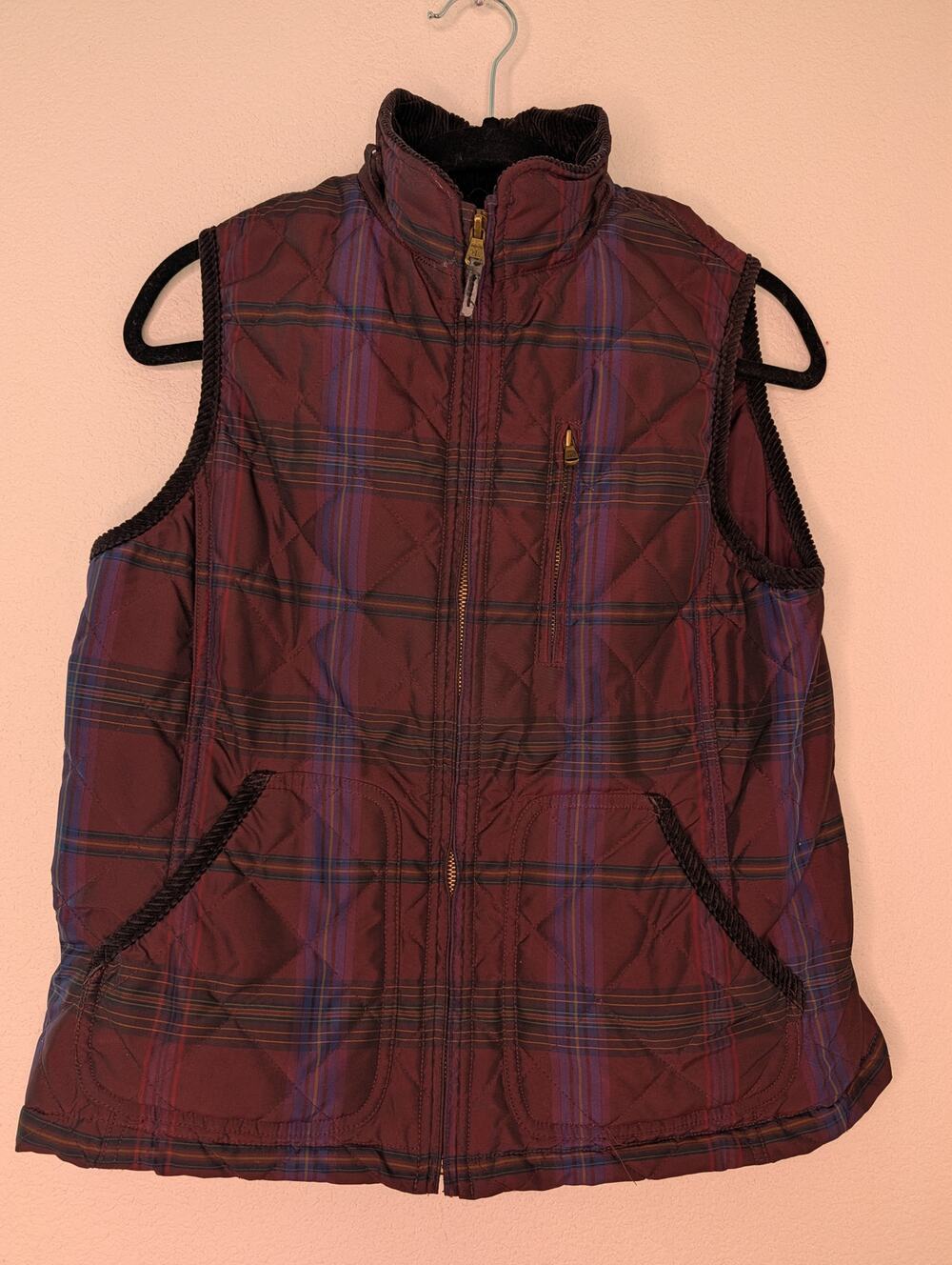 Ralph Lauren Women Quilted Puffer Vest L Plaid Corduroy Preppy Equestrian Chic
